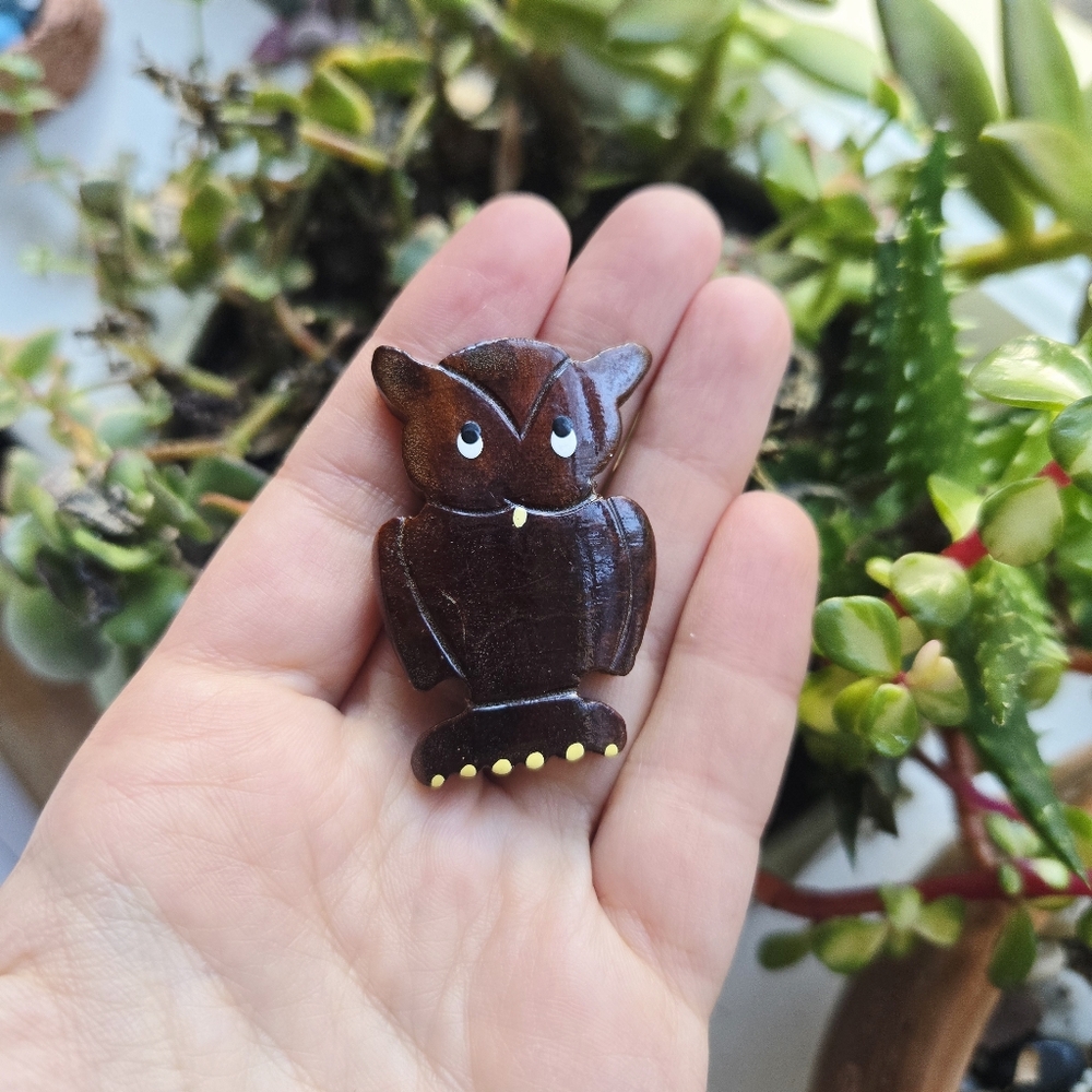 Vintage Handmade Wood Painted Hoot Owl Lapel Brooch Pin